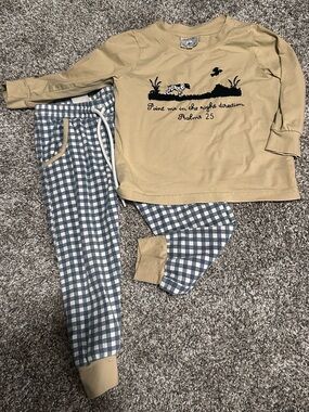 Kids Beige Top and Blue Gingham Set with Scripture Detail